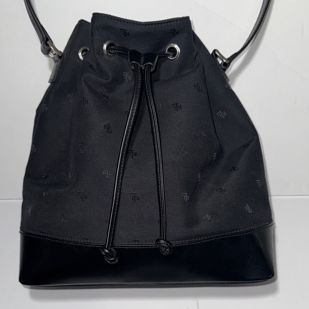 Lauren Ralph Lauren Black Monogram and Leather Drawstring Bucket Bag